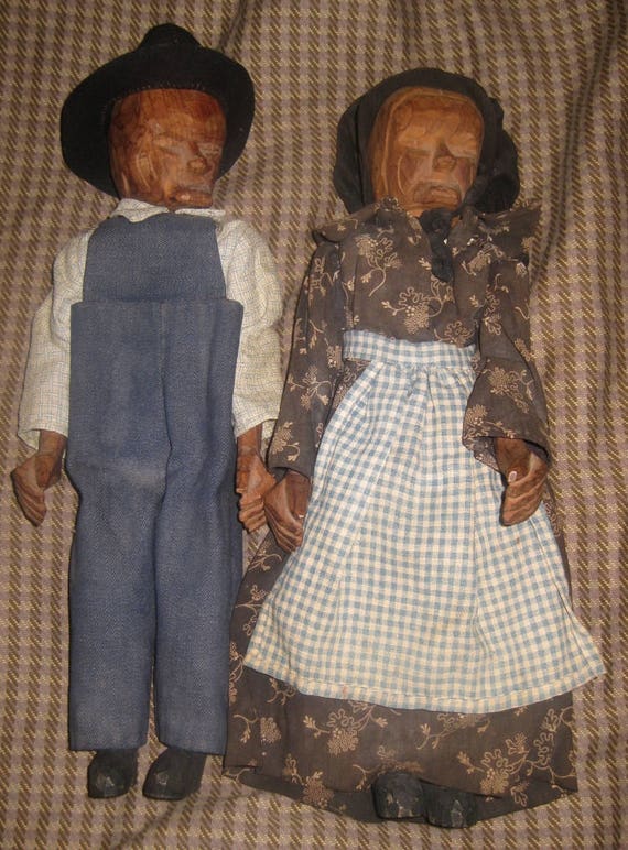 Appalachian Hand Carved Wooden Dolls Folk Art Fully