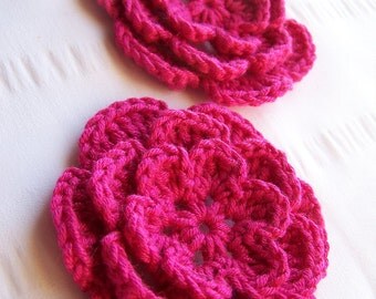 Flower crochet motif 3 inch bamboo bright pink set of 2 hot pink