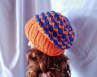 Orange blue skater hat Men's Chevron beanie Crochet stripes slouchy toque Ribbed brim unisex grunge beanie Skull cap Stocking cap dreds