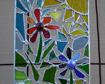 Stained Glass Panel abstract with Flowers-Handmade-Window Decor-Unique Gift Ideas-Birthday-Wedding Gift-House Warming-Suncatcher-Glass Art