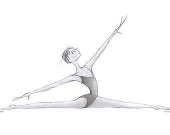Ballet Dance Art-Gymnastics-Giclee Print of Original Illustration-8"x10"-Dancer Ballerina Gymnast-Grey Black-Monochrome-Jazz Modern-WallArt