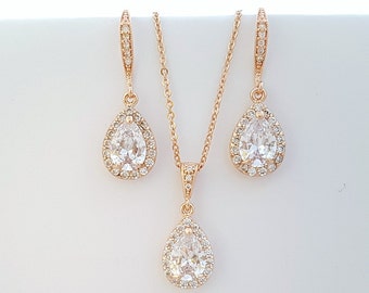 ROSE GOLD Bridal Jewelry Set Wedding Earrings and Necklace Set Wedding Jewelry Set Crystal Bridesmaid Jewelry Pink Gold Jewelry Set, Ellie