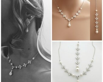 Backdrop Wedding Necklace Crystal Backdrop Necklace Pearl Cubic Zirconia Bridal Necklace, Rosa