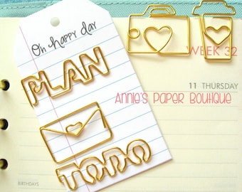 Set - COFFEE/Camera/PLAN/To Do/LOVE Letter Planner Clip, Gold Metal, Paper - Use on Erin Condren, Filofax, Happy Planner, Travelers Notebook