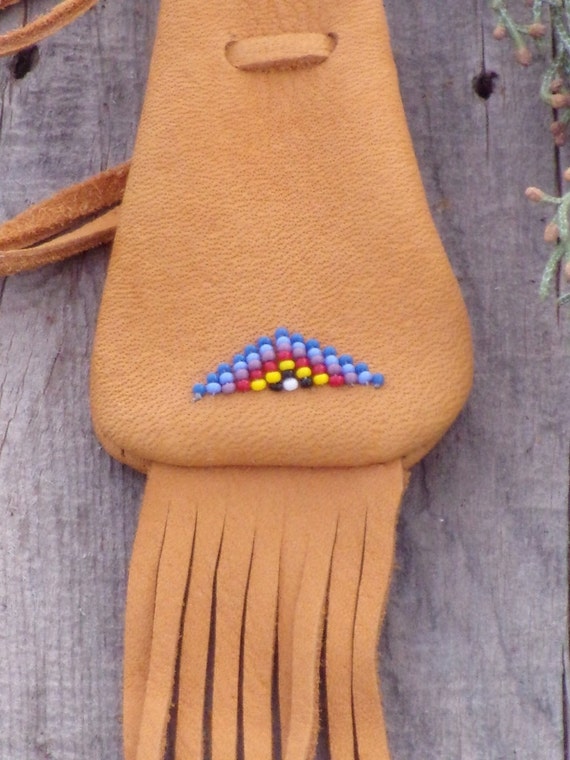 Small fringed medicine pouch Beaded amulet bag Necklace