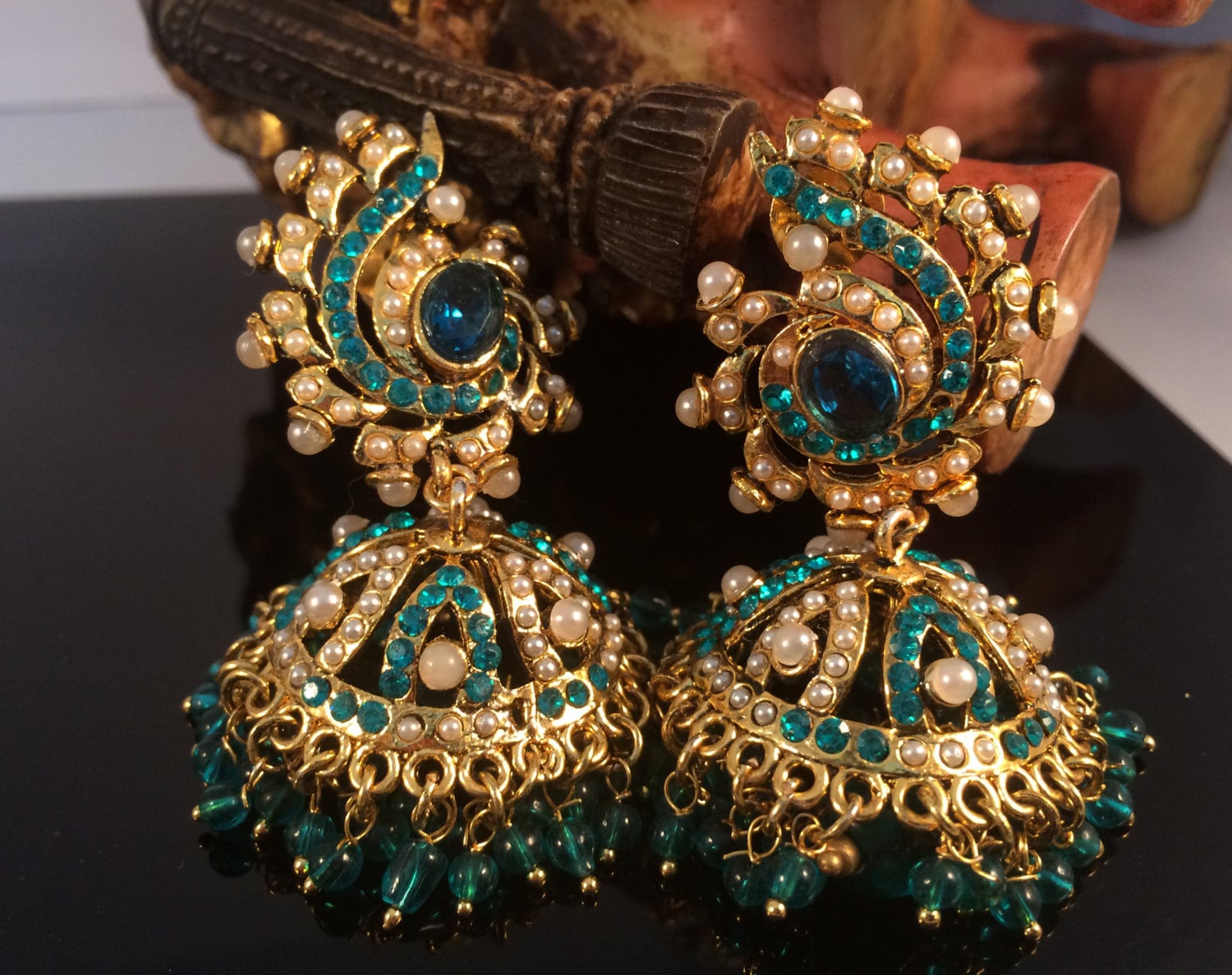 Teal Jhumka earringsGold Chandelier Earring Long Earrings
