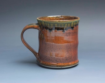 Handmade pottery coffee mug, ceramic mug, stoneware tea cup 14 oz mug deep glossy tangerine red flake 3937