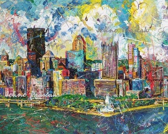 City Skyline, Pittsburgh print, Pittsburgh wall art, man cave art, Three Rivers, The Point, by Johno Prascak