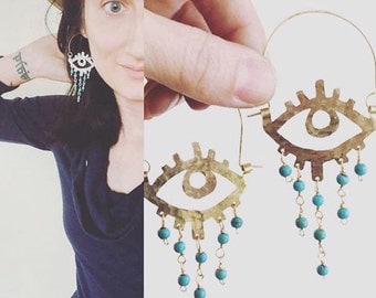 Beaded eye chandelier hoops, eyeball jewelry, Elke eye earrings