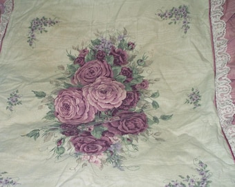 Vintage Pillow Sham Ruffled Lace and Roses Shabby Cottage Chic Rose Lilac Pennys Reclaimed Bedding Standard Pillow Cover 717