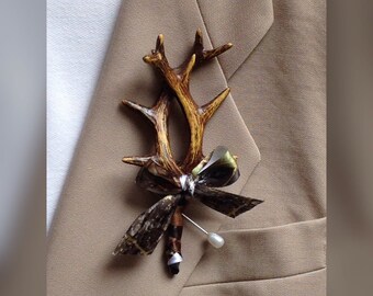 Artificial Antler Boutonniere, Camo Bout, Mossy Oak New Break Up Bout, Camo Men's Lapel Flower Camouflage Bout