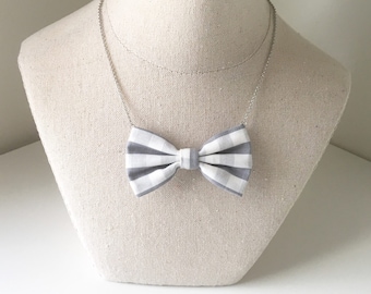 Grey white Checkered - Bow Tie Necklace, Casual Bowtie Gray Checkers