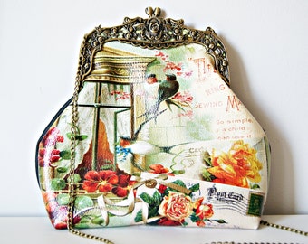 Rideaux Printed UP-Leather Frame Bag. Scene with window and birds vintage Frame Bag