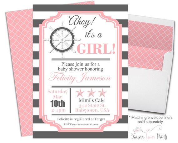 Nautical Baby Shower Invitation Girl - Nautical Baby Shower Invite - Baby Girls Nautical Invitation - Baby Girl Shower Invite - Pink + Gray Il_570xn