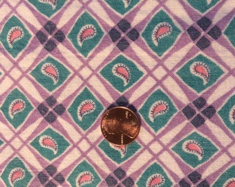 Feedsack 1950s Feedsack Fabric Vintage Quilting Fabric Small Paisley within a Diamond Turquoise, Pink and Lavender