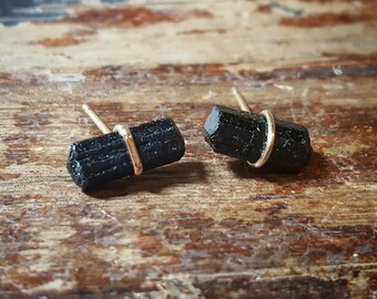 Black Tourmaline Earrings Black Tourmaline Stud Earrings October Birthstone Jewelry Raw Crystal Studs 14K Gold Jewelry Womens Gift for Women