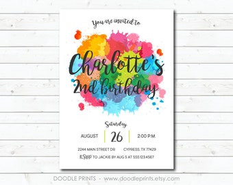Art Invitation, Paint Party Invitation, Printable Birthday Invitation, Art Birthday Party, Rainbow Art Party, Watercolor Splash Paint Card
