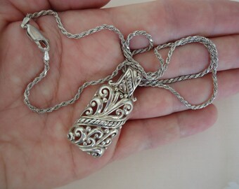 Vintage Filigree 925 Sterling Silver Pendant on 18" Twisted Rope Chain, 16 Grams, Estate Jewelry