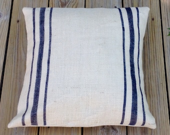 Dark Blue Striped Burlap Pillow Cover/Textured Grain Sack Pillow by sweet janes plan