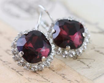 Burgundy Earrings Swarovski Crystal Earrings Maroon Bridesmaid Earrings Clip On Avail Maid of Honor Gift Silver Mother of Bride Gift