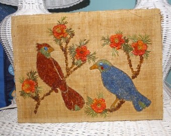 Vintage Gravel art on burlap, Charming Bird picture made of gravel