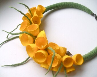 Felt necklace- necklace with cocoons - floral accessories - handmade- wool necklace - Yellow necklace