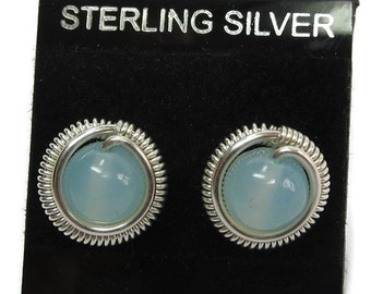 Aqua Chalcedony & Sterling Silver Coiled Post Stud Earrings