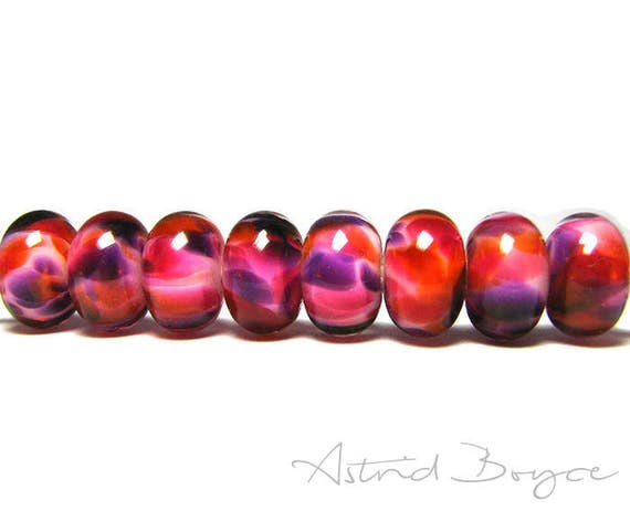 Sunrise Artisan Lampwork Bead Set - Beautiful Pantone Color Flame and Pantone Pink Yarrow Play With Purple - Over Opal under Crystal Glass