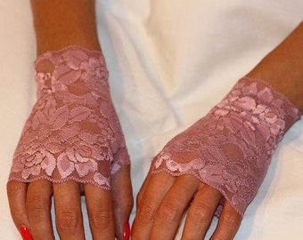 Gently Pink Lace Gloves , stretch lace, fingerless lace gloves, Bride, bridesmaid, gift for her. Ready to ship.
