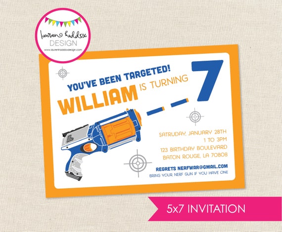 Nerf Gun (inspired) Birthday Invitation, Nerf Gun Birthday, Nerf Gun Printables, Nerf Gun Birthday Decorations, Lauren Haddox Designs Il_570xn