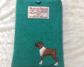 Boxer dog e-reader case, kindle paperwhite 6", kindle voyage, kobo touch, kobo glo case, sleeve, jade Harris Tweed fabric, embroidered boxer