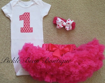 1st Birthday Girl Outfit, Ready To Ship, Hot Pink Candy Polka Dot, Baby Girl 1st Birthday Outfit, Pettiskirt, Girls First Birthday Outfits