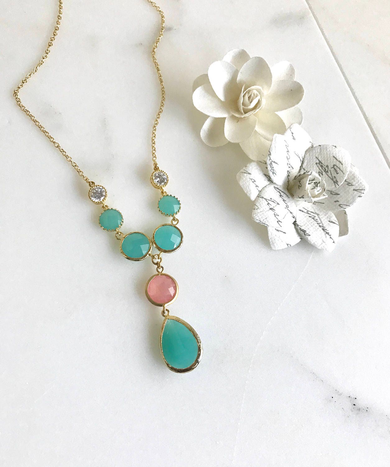 Turquoise and Coral Pink Jewel Pendant Statement Necklace in