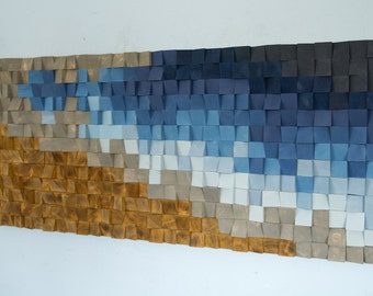 Wood Wall Art, monochromatic blues, new 2017 designs available in different colours