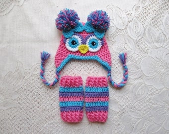 Medium Pink, Turquoise and Lavender Owl Hat and Leg Warmers - Photo Prop Set - Available in Newborn to Toddler Size - Any Color Combination
