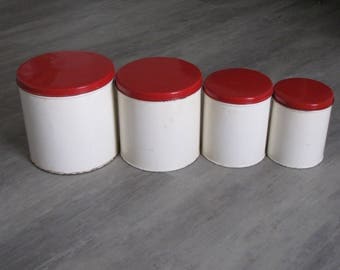 Vintage Metal Canisters - Set of Four - Beige and Red