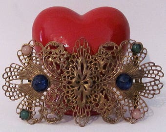 Vintage Antique Estate Gold Brass Filagree Belt Buckle / Hat Decoration Blue Rhinestone Ornate Floral Gorgeous