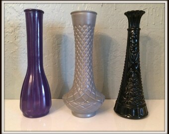 REDUCED Upcycled Milk Glass Vases ~ Set of 3 ~ Vintage Milk Glass ~ Grey~Black~Purple ~ Upcycled Vases ~ Painted Vases ~ Living Room Decor