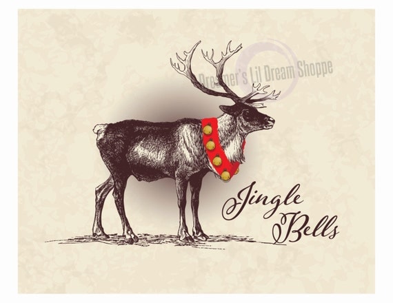Festive Jingle Bells Reindeer Christmas 8x10 Vintage Style Digital Fine Art Printable