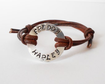 custom stamped leather bracelet, aluminium washer bracelet, personalised leather adjustable knotted bracelet, gift for him, gift for her
