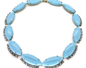 Vintage 1950s Lucite & Rhinestone Blue Collar Necklace
