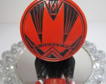 Vintage unused NOS extreme art deco bright orange and black enameled double compact with rouge and face powder with original hang tag