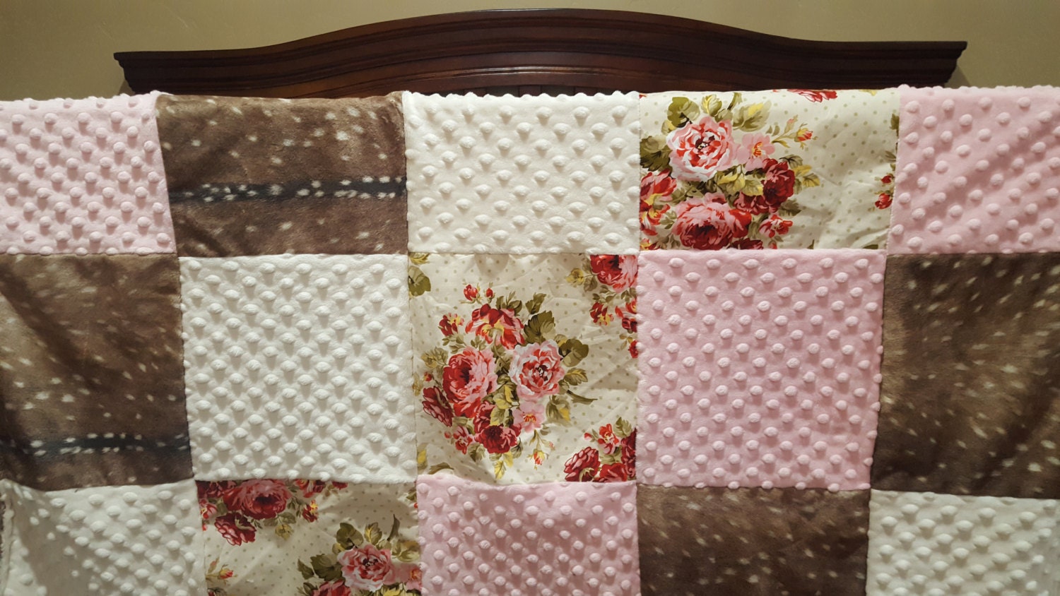 Girl Patchwork Blanket Deer Skin Minky Rose Garden Ivory
