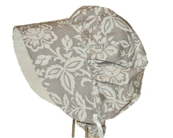 Modern Baby Bonnet, Sun Hat, Summer Bonnet, Gray Floral Bonnet, Baby Girl Sun Bonnet, Cotton Hat, Toddler Hat, Newborn Bonnet, Made to Order