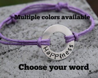 Washer word bracelet. Washer bracelet. Choose any word adjustable bracelet. Cotton cord bracelet. Personalized washer cord bracelet