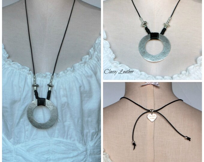Women fashion necklace, leather and silver necklace ,circle of life leather necklace ,two in one necklace, gift for her