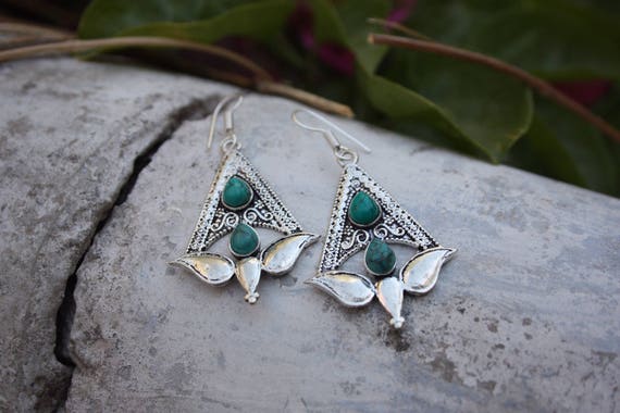 TURQUOISE TULIP EARRINGS- Oxodised Silver Earrings- Turquoise - Healing Crystal Jewellery- Chakra Earrings- Boho- Vintage - Festival