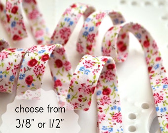 little pink and red flowers - double fold, bias tape - 3 yards, CHOOSE 3/8" or 1/2" wide