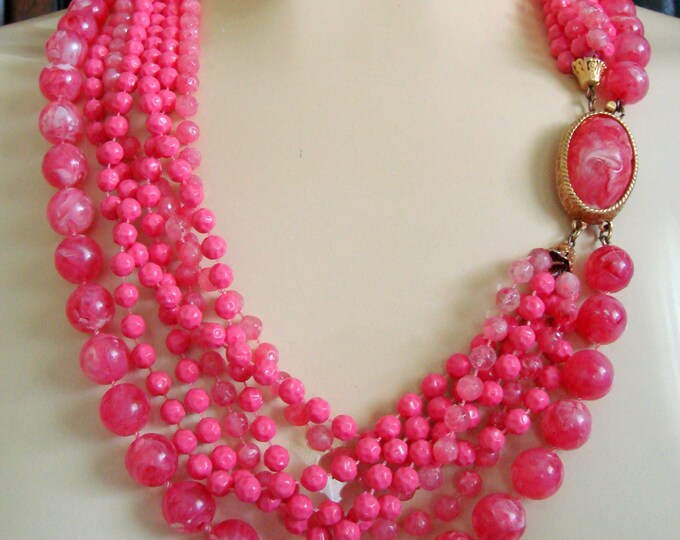 1960s Mid Century Hot Pink Bead Bib Necklace / Multi-Strand / Decorative Clasp / Vintage Jewelry / Jewellery