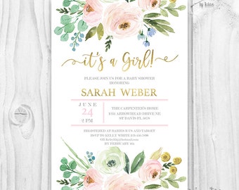 It's a girl BABY SHOWER INVITATION blush and gold, pink watercolor flowers, baby girl invites, boho baby shower, pink and gold foil
